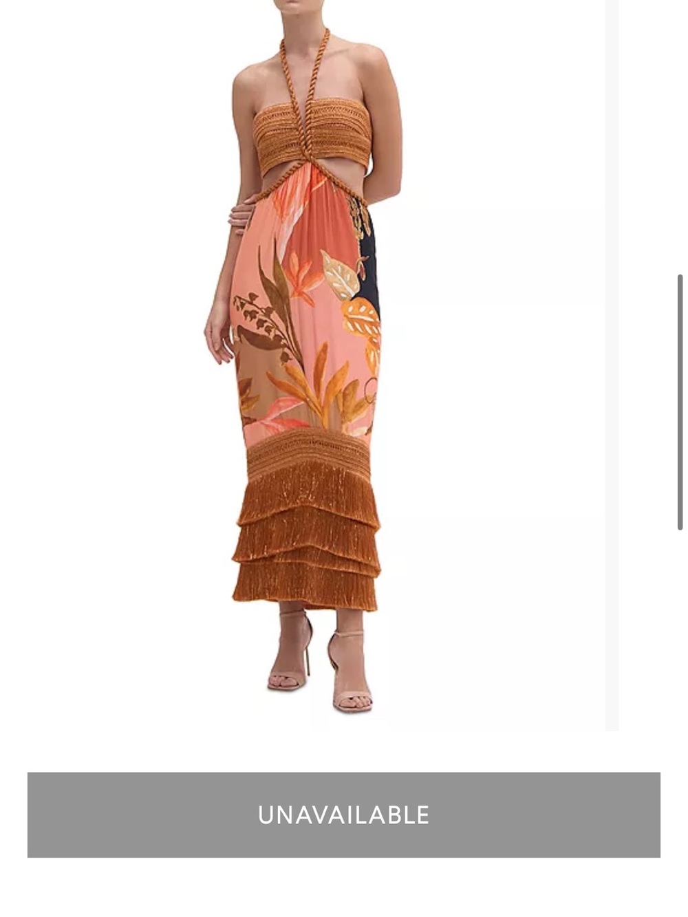 PatBO Strapless Fringe-Tiered Floral Maxi in Rust and Pink